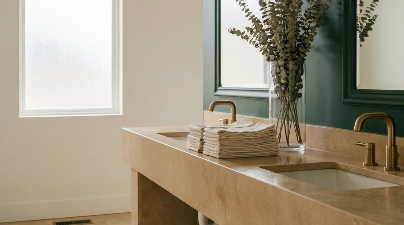 Spotless Utah office restroom with a sand-colored stone counter and a sealed stone floor