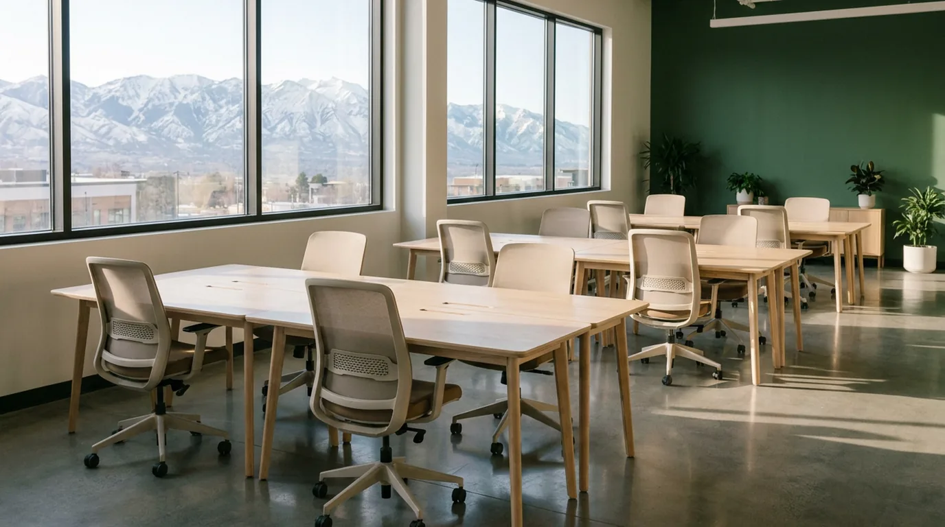 Modern Utah office with large windows facing the snow-capped Wasatch mountains and a polished concrete floor
