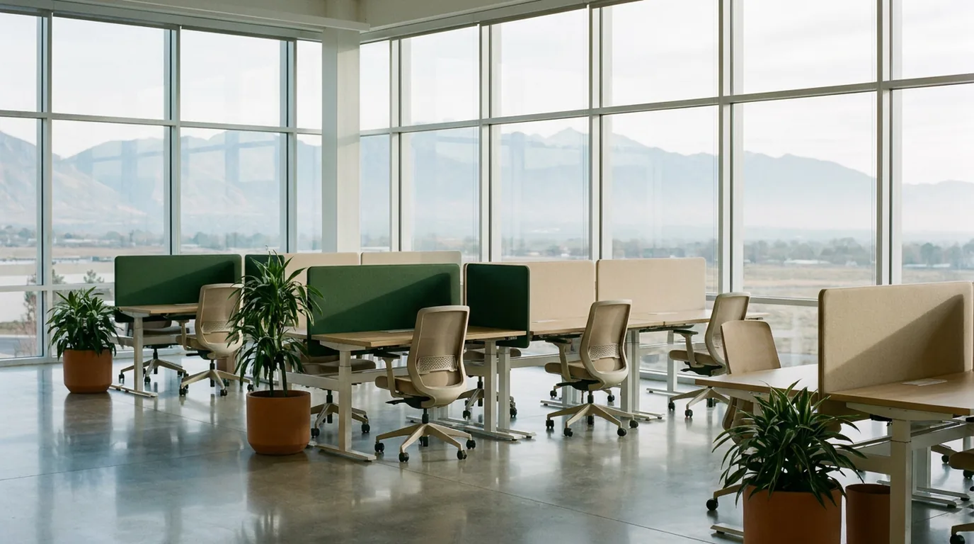 Open-plan Utah tech office with Wasatch mountains through the windows at early morning