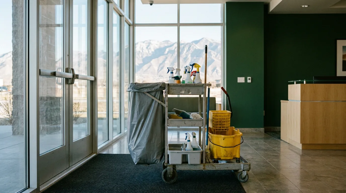 Daytime Utah commercial office lobby with a stocked janitorial cart and distant mountains through the glass