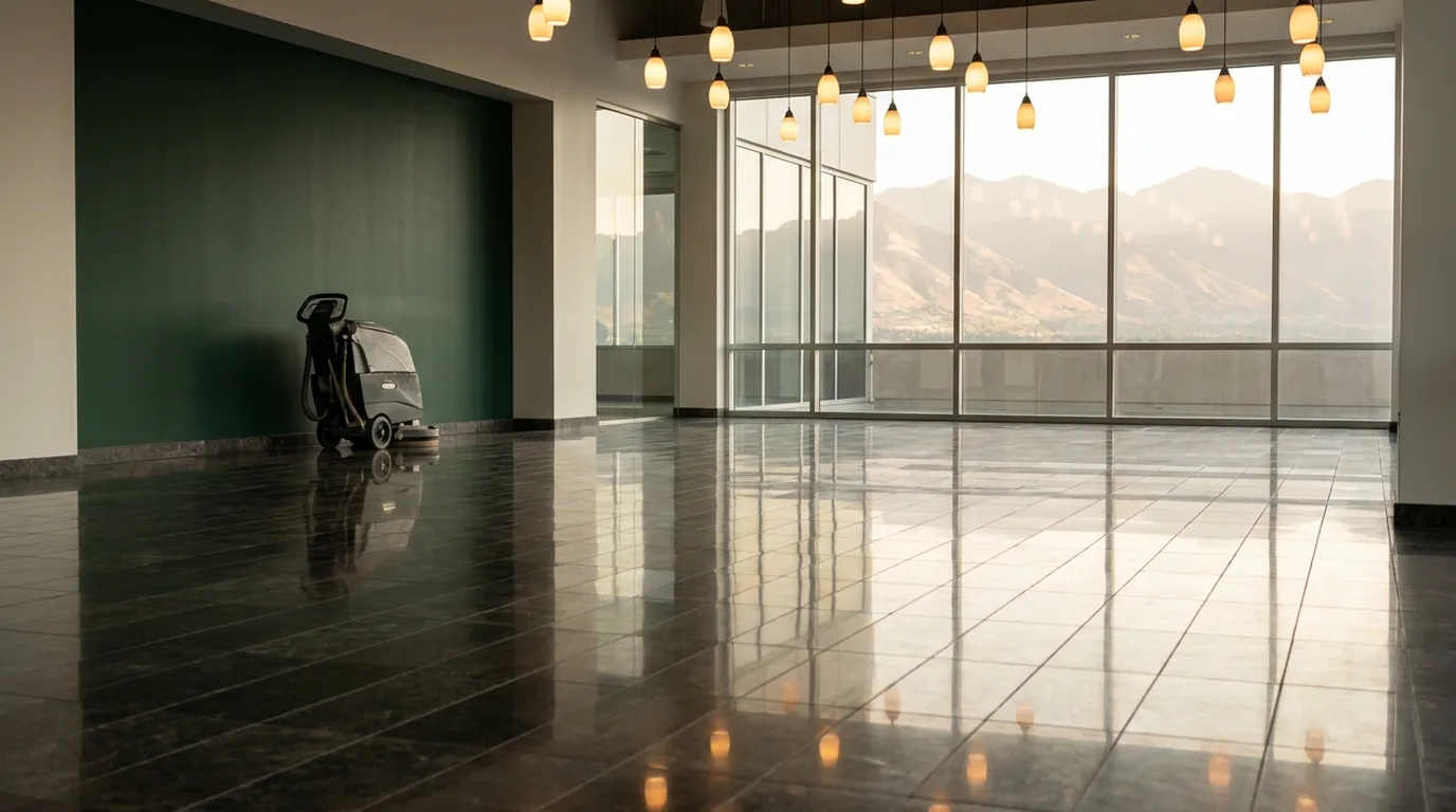 Modern Utah office lobby stone floor restored by machine burnishing with Wasatch mountains in the window
