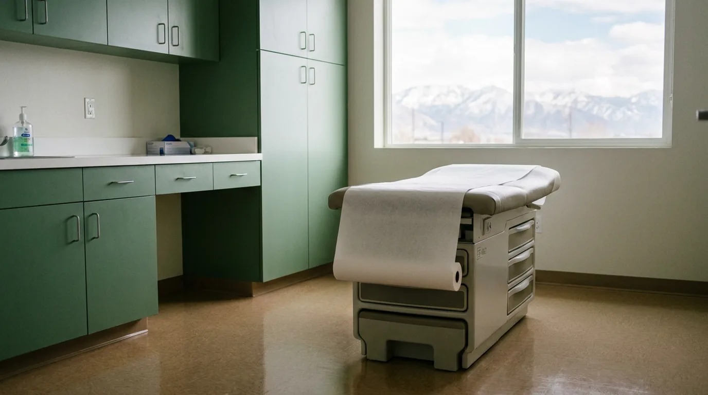 Clean exam room in a Utah clinic with pale green cabinets and a glimpse of mountains outside
