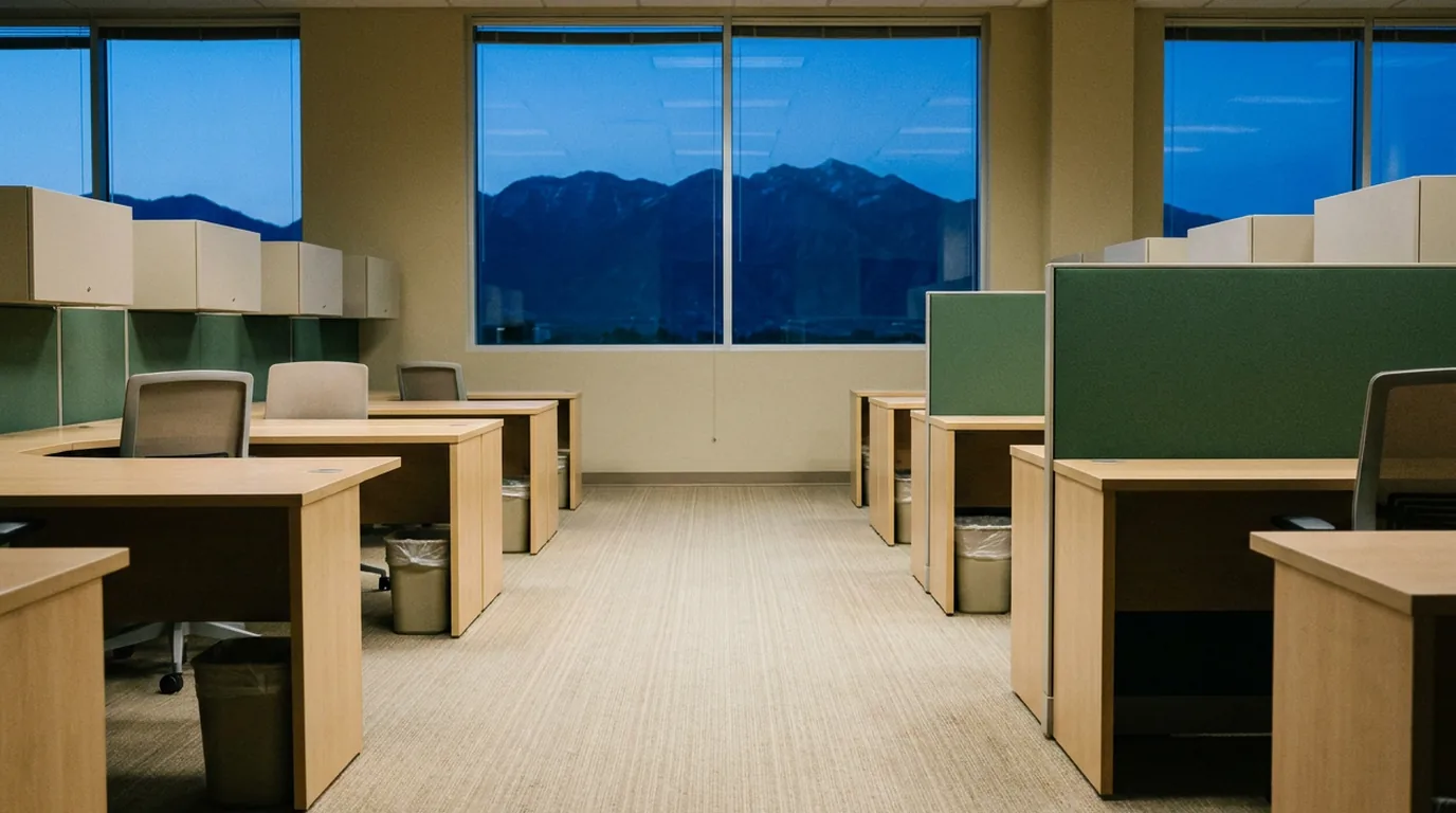 Utah office in blue dawn after the overnight clean with vacuumed carpet and mountains through the windows