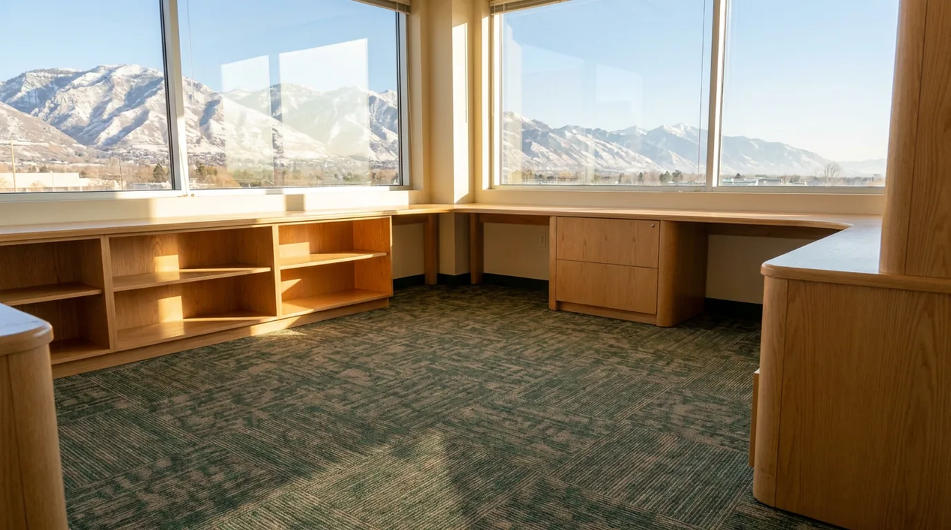 Newly built-out Utah tech office suite after post-construction cleaning with a Wasatch mountain view